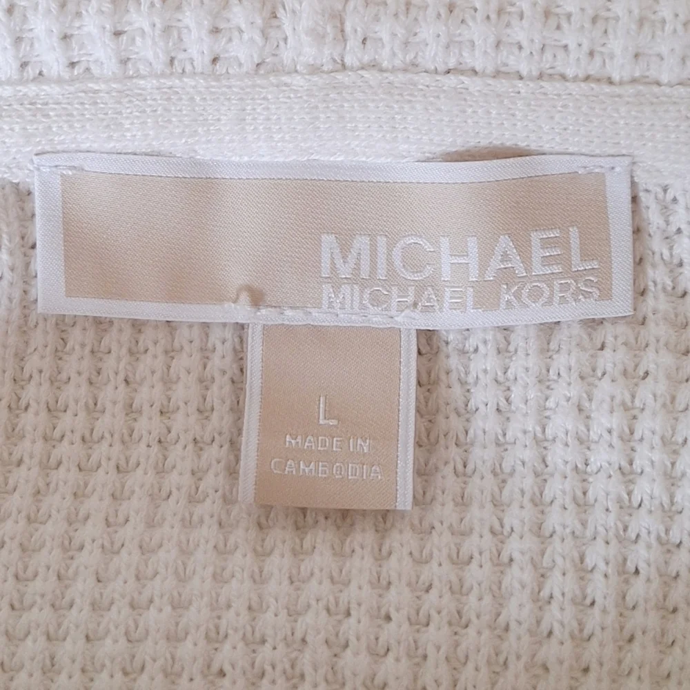 MICHAEL Kors Ivory Waffle Knit Cotton Blend Pullover Hoodie Sweater Loungwear L